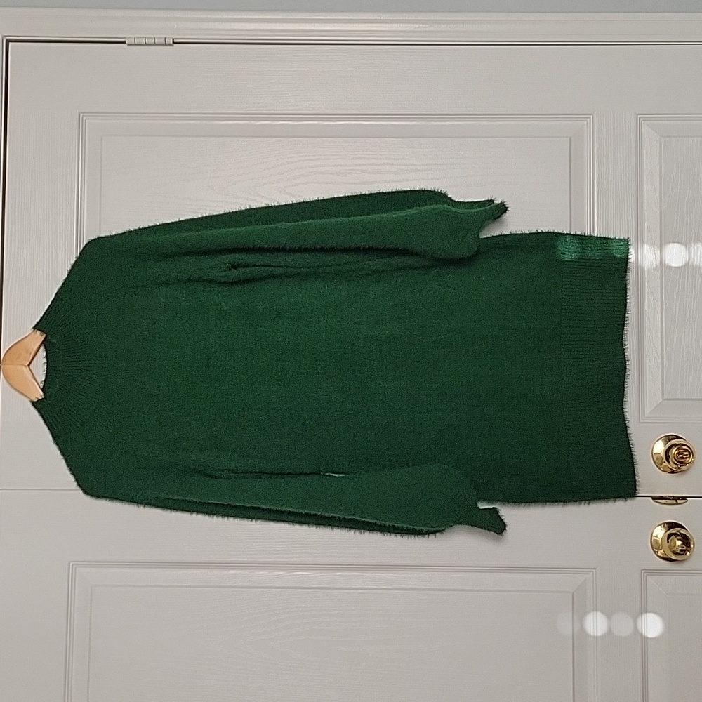 Bardot Fuzzy Forest GreenCrew Neck Sweater Dress with Puff Cuff Sleeves